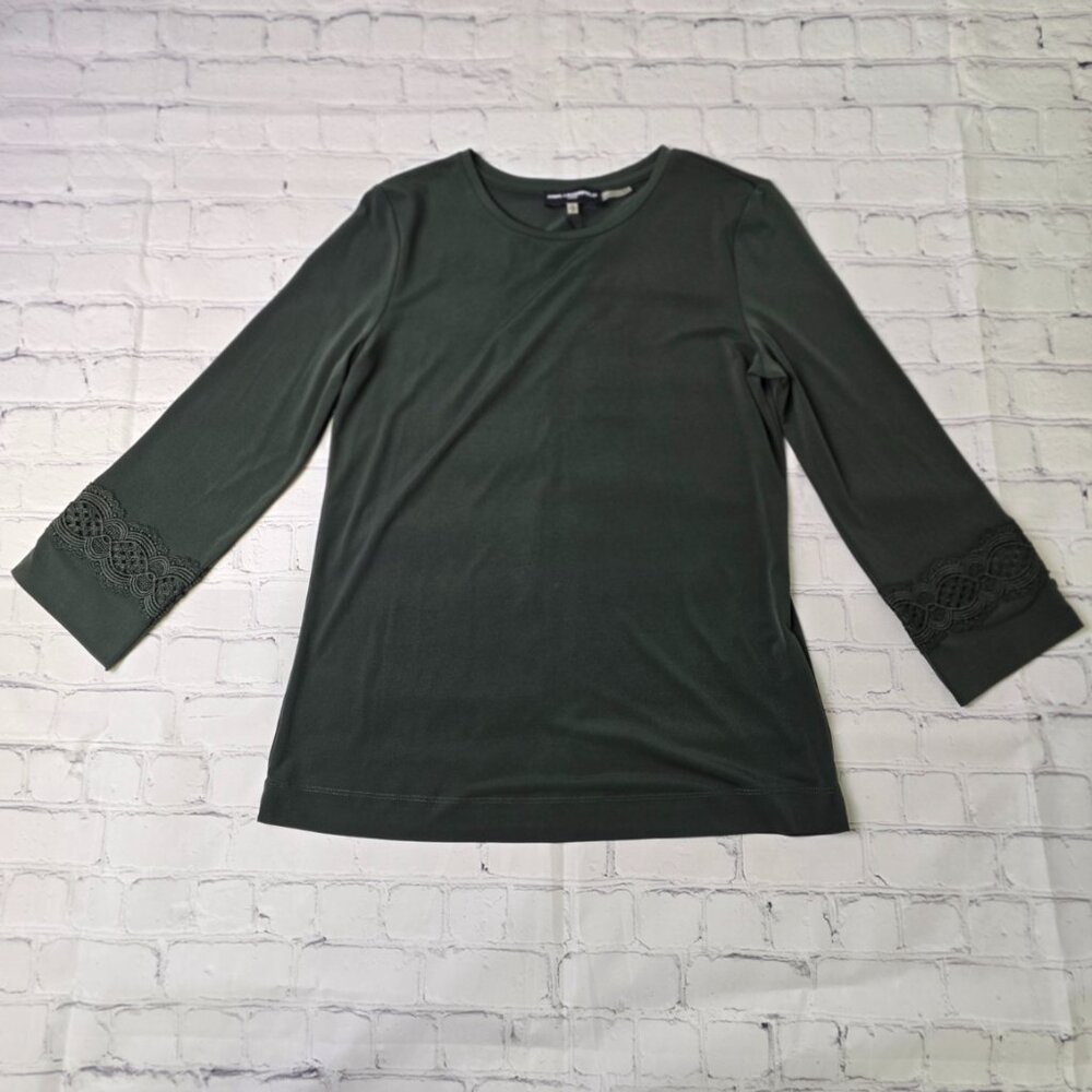 Karl Lagerfeld Paris Scoop Neck Top 3/4 Embroidered Sleeves Olive Green XS NWT